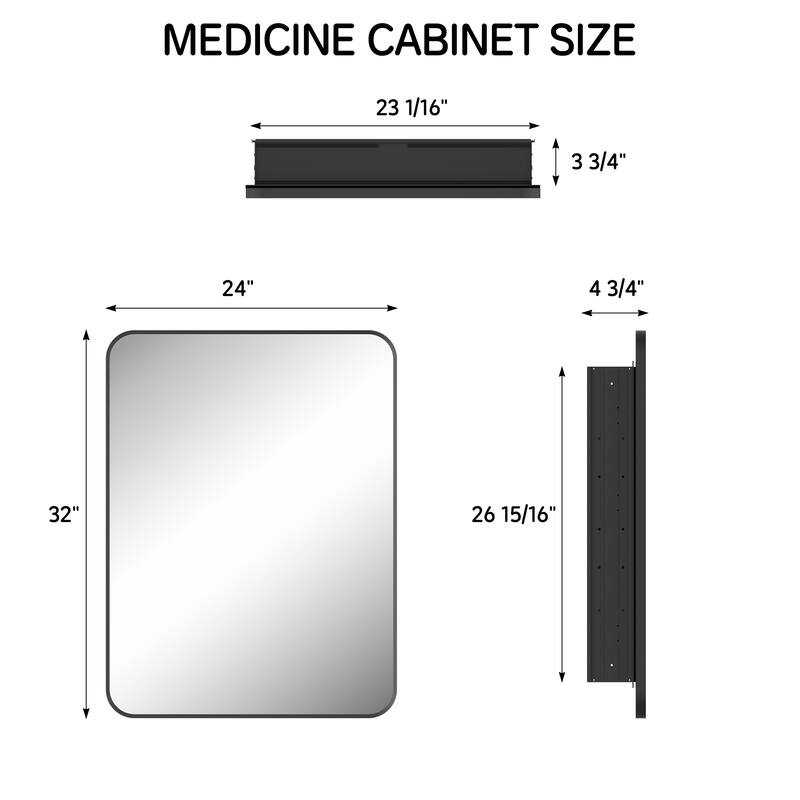 24x32 in Black Framed Mirrored Medicine Cabinet, Recessed/Surface Mount, Adjustable Tempered Shelves, Fully Assembled