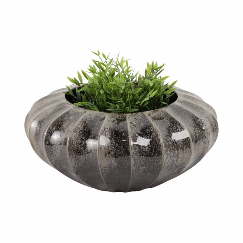 Decorative Round Ribbed Pottery Bowl with Glazed Finsih - 14", Black - 14.5"