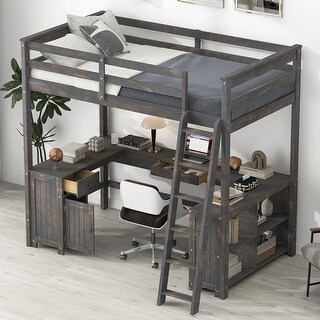 Full Loft Bed with U-shaped Desk, Storage Shelves, and Drawers, Antique Brown