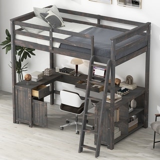 Stylish and Multifunctional Design Wood Loft Bed with Maximized space, U-shaped Desk, Full Size, Brown