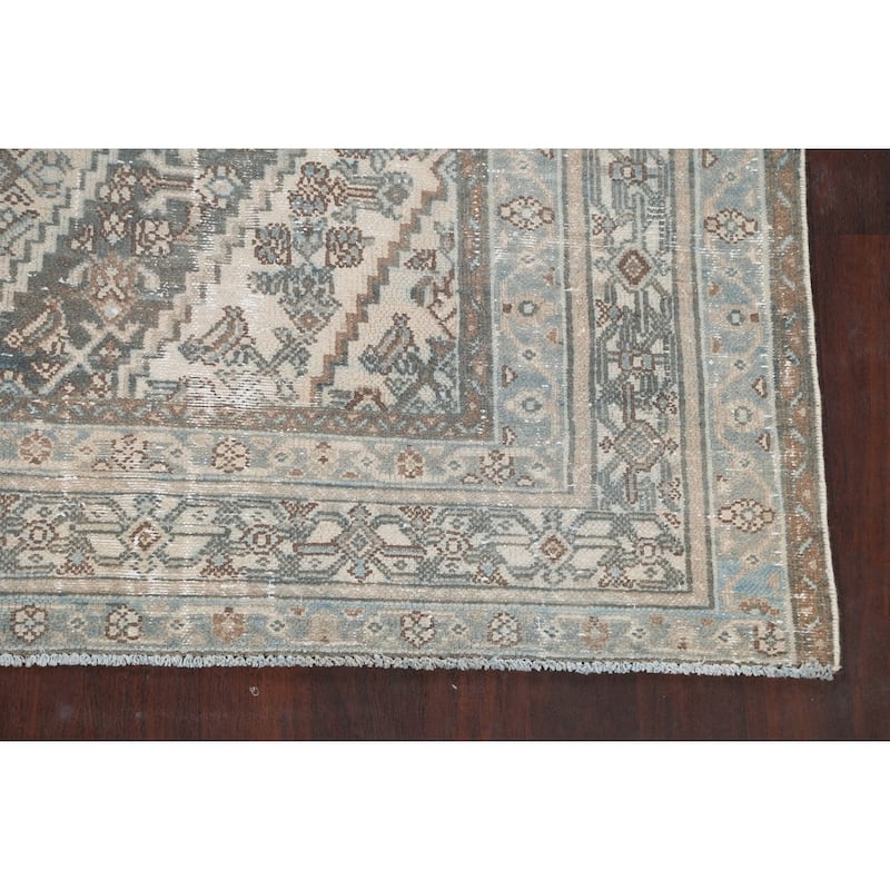 Distressed Geometric Hamedan Persian Area Rug Wool Handmade Carpet - 6'8" x 9'11"