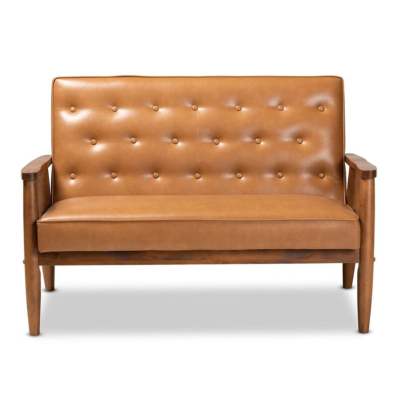 Sorrento Mid-Century Modern Tan Faux Leather Upholstered and Walnut Brown Finished Wood Loveseat