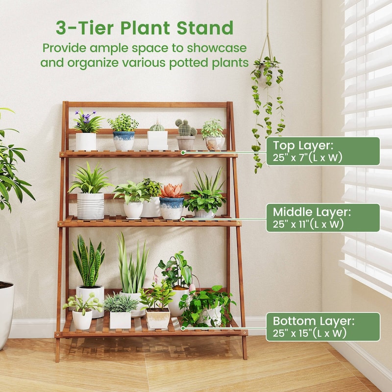 Costway 3 Tier Folding Shelf Stand Bamboo Flower Pot Display Rack - 27.5''x16''x38''(LxWxH)