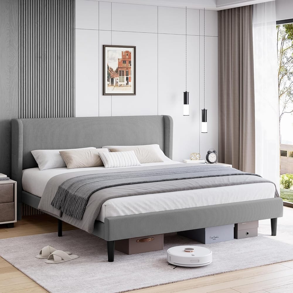 Platform Bed Frame with Upholstered Wingback Headboard