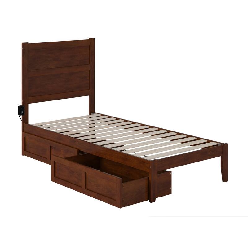 Twin XL Bed with Drawers - Elegant Walnut Platform Bed Frame - Storage Bed, Modern Design