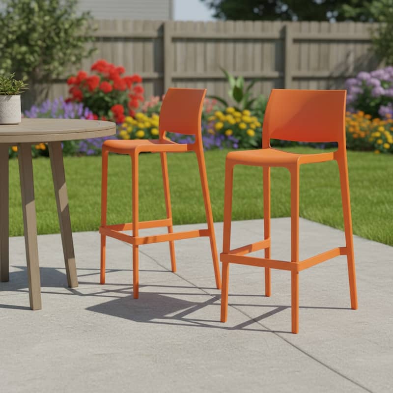 HomeRoots Set of Two 30" Orange Heavy Duty Plastic Low Back Outdoor Bar Height Chairs - Orange
