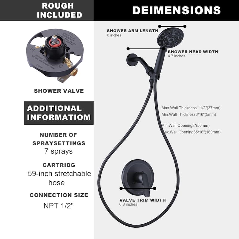 WOWOW Minimalist Shower Faucet Set with 7-Function Handheld Showerhead