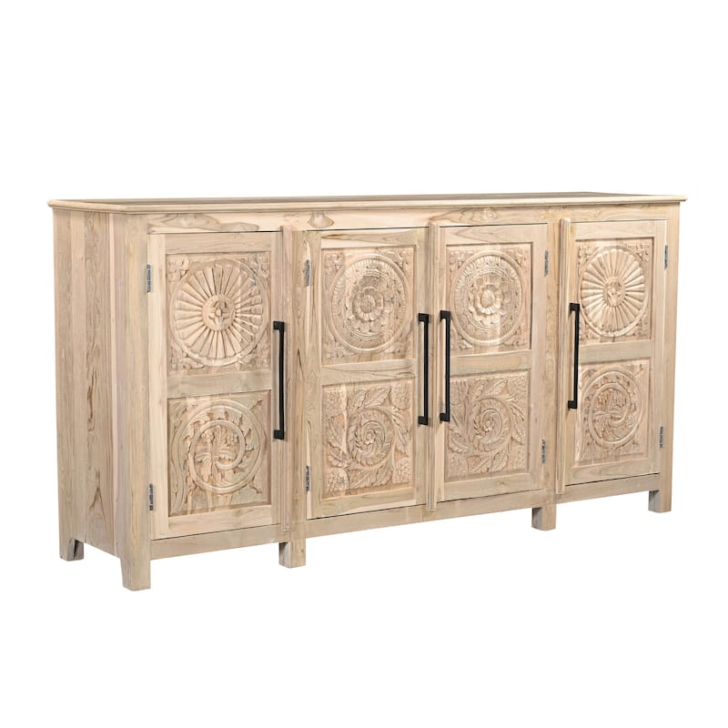 HomeRoots 74" Natural Distressed Solid Wood Carved Floral Sideboard with Four Doors - 74.00 in. x 38.00 in. x 18.00 in.