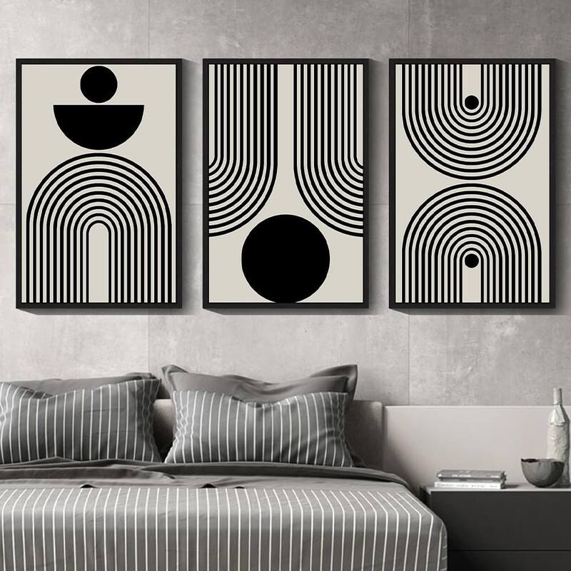 Minimalist Sun Lines Framed Canvas Painting Artwork - 24 x 36 - Black