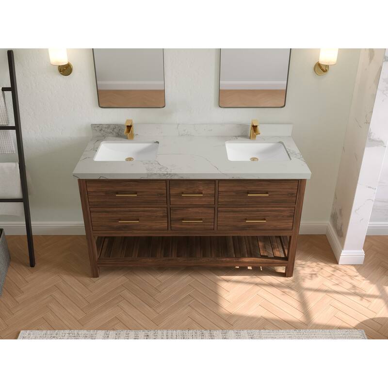 Willow Collections 60 in. W x 22 in. D Parker Solid Teak Double Sink Bathroom Vanity with Countertop