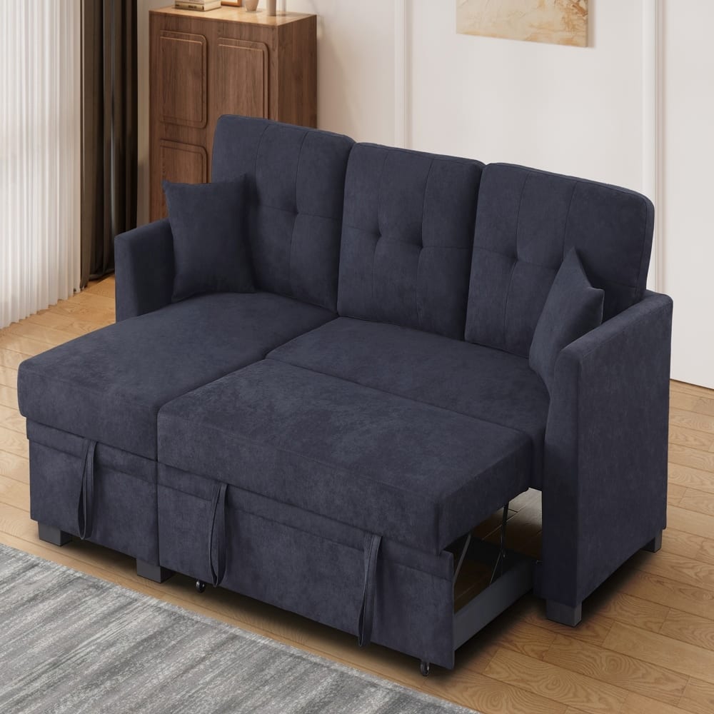 Dark Blue Sectional Sofa Bed, Space Saving, Wood Frame