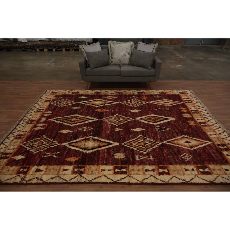 Hand Knotted Oriental 100% Wool Carpet Modern Tribal Red Moroccan Area Rug - 9' 10'' X 8' 3''
