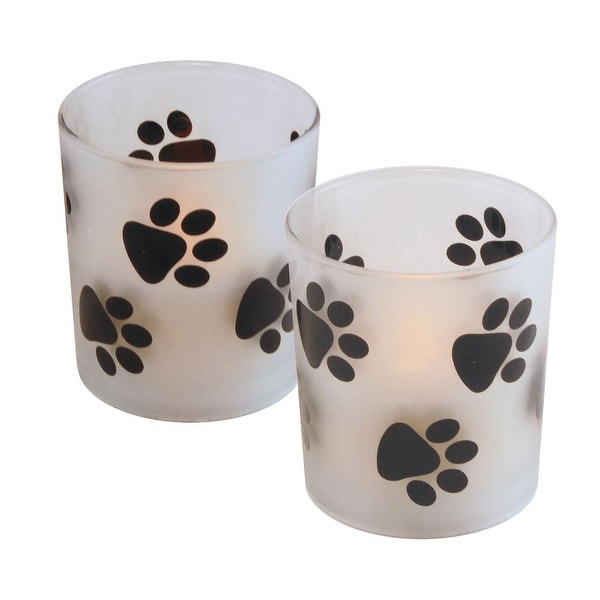 Set of 2 White LED Flameless Candle with Paw Print Glass Candle Holders 4” - N/A
