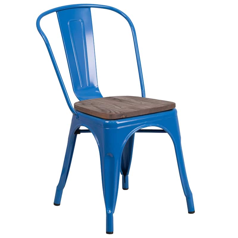 Industrial Metal and Wood Stackable Chair - 18"W x 20"D x 33"H - 18"W x 20"D x 33"H - Blue