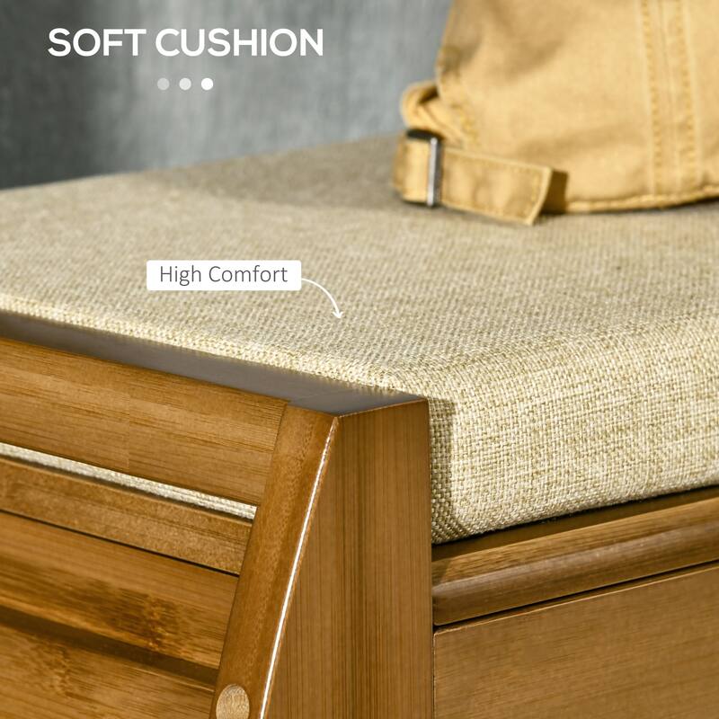 HOMCOM Shoe Bench with Storage Cabinets, Bamboo Entryway Bench with Seating Cushion, Brown
