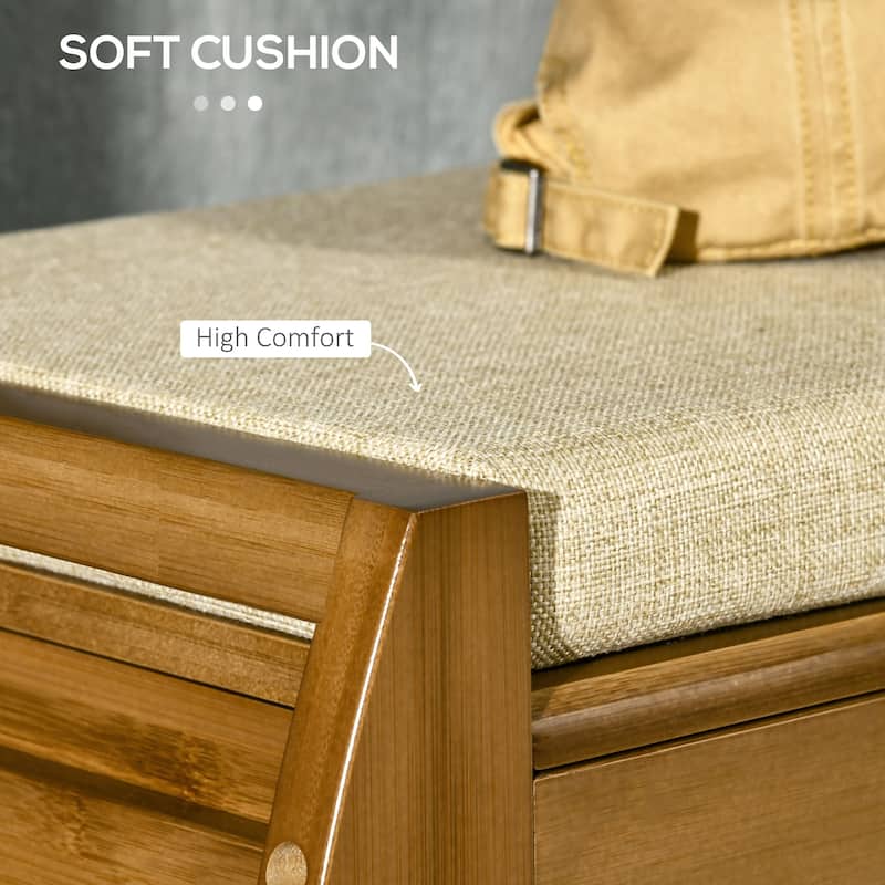 Shoe Bench with Storage Cabinets, Bamboo Entryway Bench Storage Bench with Seating Cushion, Side Rack and Hidden Compartment