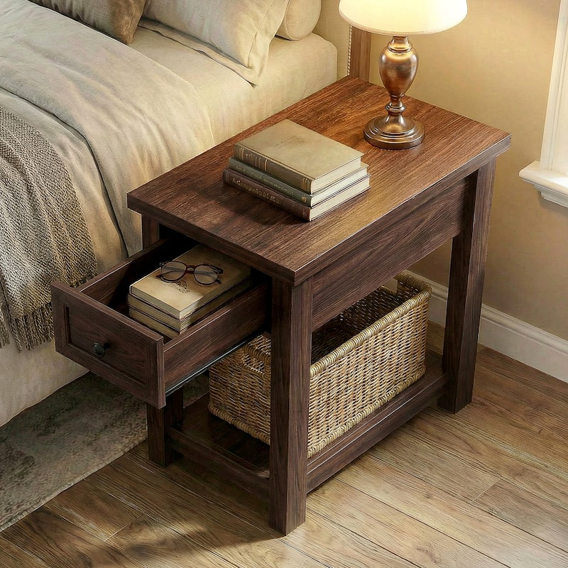 Farmhouse End Table with Wood Drawers and Charging Station, Sofa Side Table, Nightstand