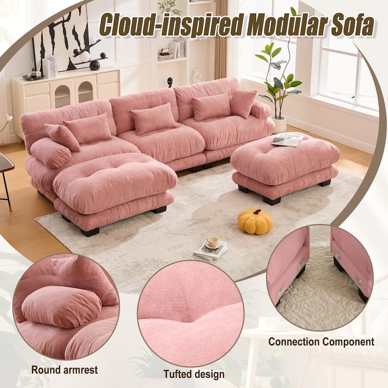 Pelletized Velvet U-shaped Sectional Sofa Modular Chaise Lounge Couch with 2 Ottomans, Deep Seat, Bolster Arms and Pillows