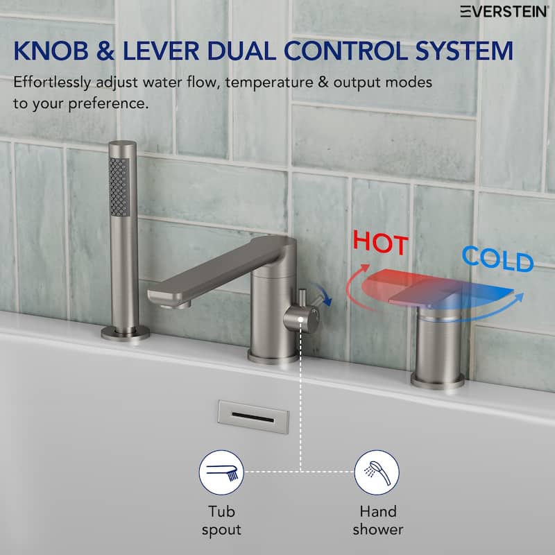 Modern Tub Filler with Hand Sprayer Deck Mount Tub Faucet with Hand Shower 3 Holes Bathtub Faucet Brass