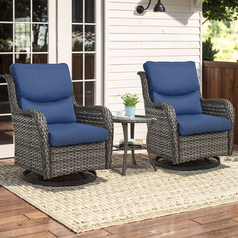 3 Pieces Outdoor Gliders Swivel Chairs with Table with 5-Inch Thick Cushions - Grey Rattan - Blue Cushion - 3PCS Swivel Chairs with Table