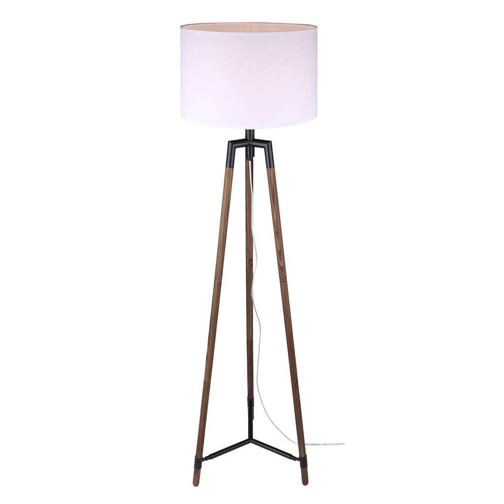 Cameram 1 Light Floor Lamp with Matte Black with Faux Woodgrain Finish and White Shade
