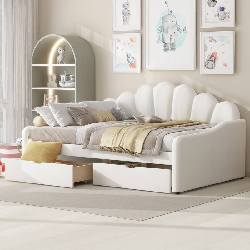 Full Size Shell-Shaped Backrest Upholstered Daybed with Optional Trundle or Drawers