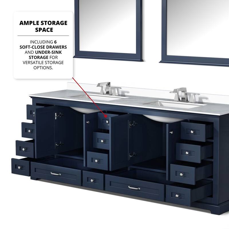 Dukes 84 in. W x 22 in. D Navy Blue Double Bath Vanity, White Quartz Top, Faucet Set, and 34 in. Mirrors