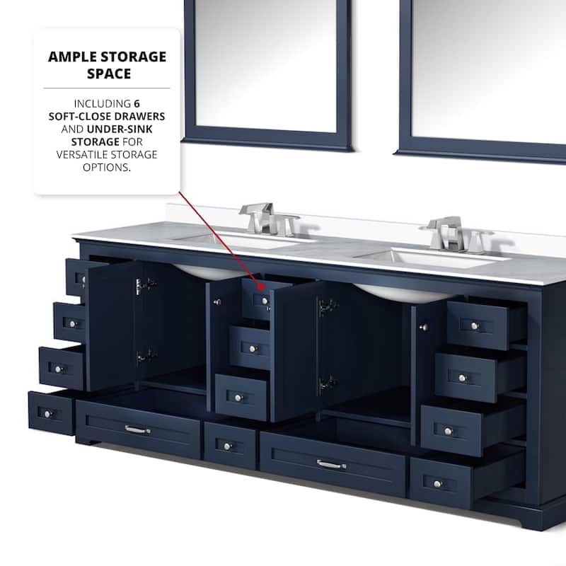 Dukes 84 in. W x 22 in. D Navy Blue Double Bath Vanity, White Quartz Top, and 34 in. Mirrors