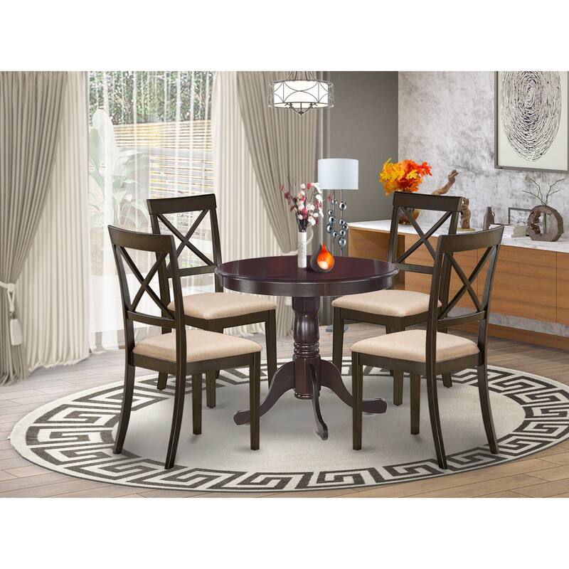 East West Furniture 5 Piece Kitchen Table Set- A Round Dining Room Table and Dining Chairs, Cappuccino (Seat Type Option) - ANBO5-CAP-C
