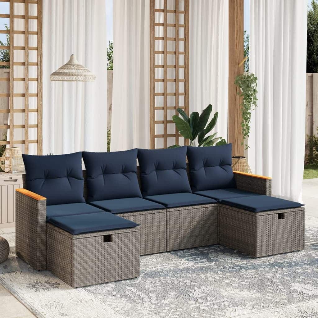 vidaXL 6 Piece Patio Sofa Set with Cushions Gray Poly Rattan - 21.7" x 24.4" x 27.2"