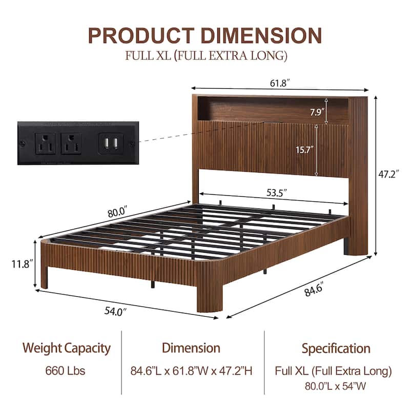 Full XL/Queen Bed Frame with Storage Headboard, USB Charging Station, Noise-Free Metal Platform with Curved Design
