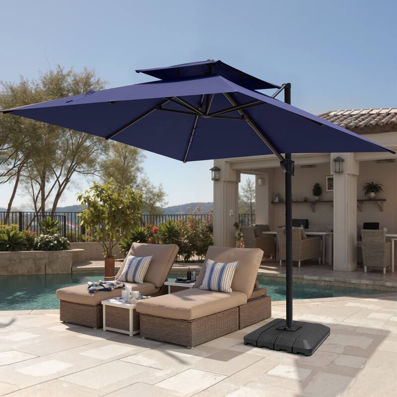 Pellebant Outdoor 10 FT Square Cantilever Patio Umbrella 360 Degree Rotation with Premium Base - Navy Blue