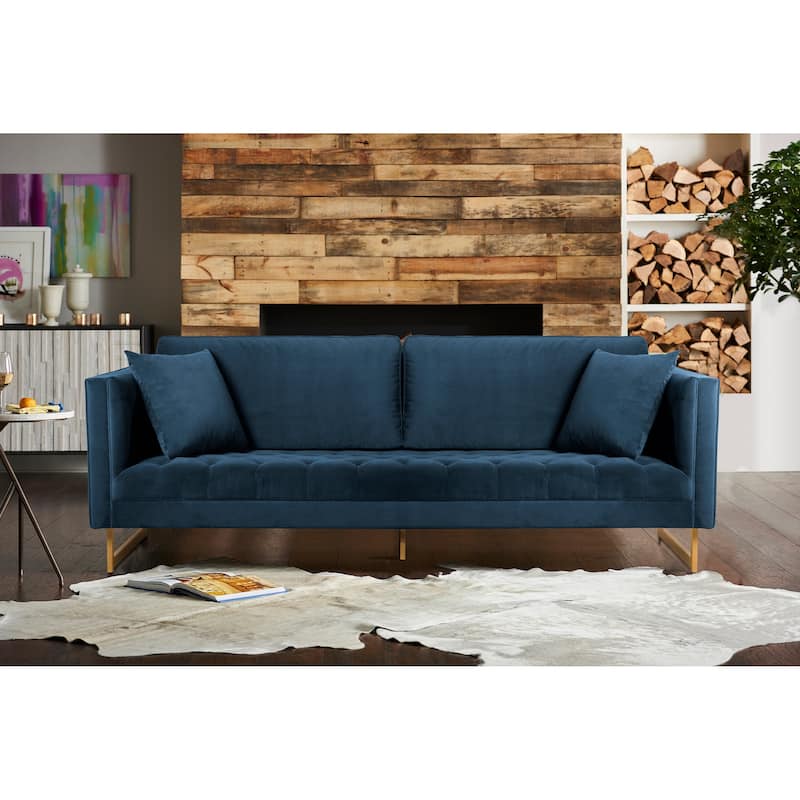 Lenox Velvet 90" 3-Seater Sofa with Brass Legs - Blue