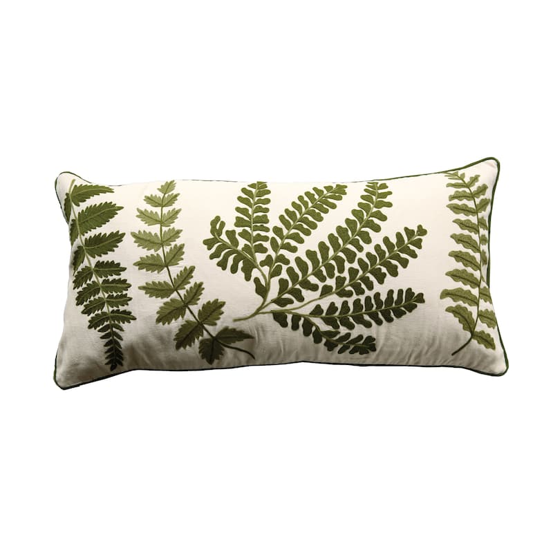 White Rectangle Cotton Pillow with Embroidered Green Ferns - Green