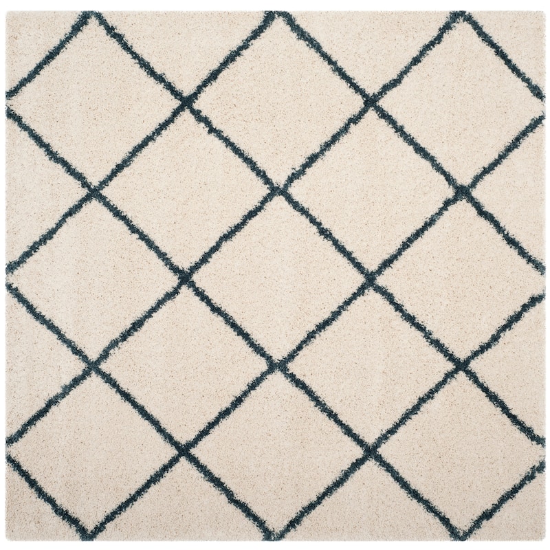 SAFAVIEH Hudson Shag Estella Diamond Trellis 2-inch Thick Rug - 7' Square - Ivory/Steel Blue - Square