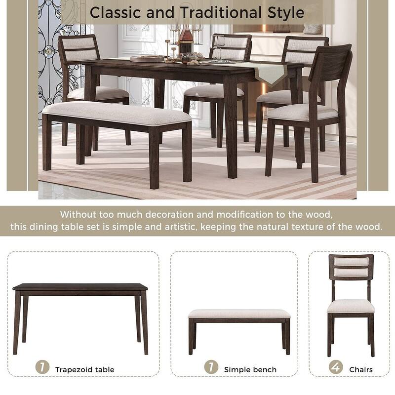 6 PCS Classic Dining Set for 6 with Bench and Upholstered Chairs