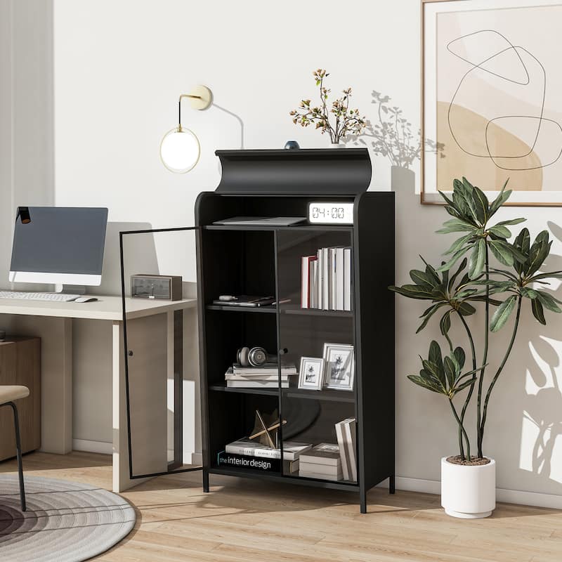 Tall Sideboard Buffet, Storage Cabinet with Glass Doors & Flip-Top, 4-Tier Accent Cabinet with Open Shelves - Antique Black