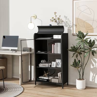 Tall Sideboard Buffet, Storage Cabinet with Glass Doors & Flip-Top, 4-Tier Accent Cabinet with Open Shelves