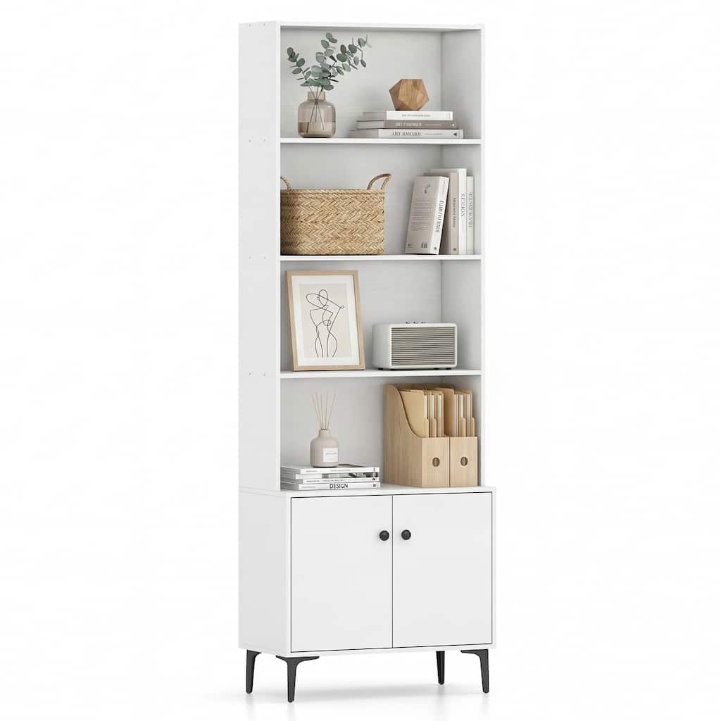 Gymax Bookshelf w/ Doors 5-Tier Floor Standing Bookcase w/ 2