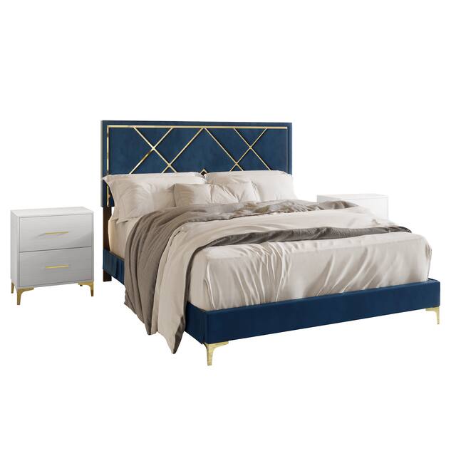 CraftPorch 3 Piece Bedroom Nightstands Set Velvet Upholstered Bed