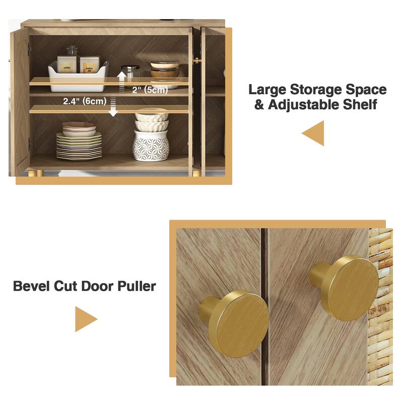 Anmytek Modern 63" W 4-Door Large Sideboard Buffet Rattan Kitchen Storage Cabinet with Adjustable Shelves
