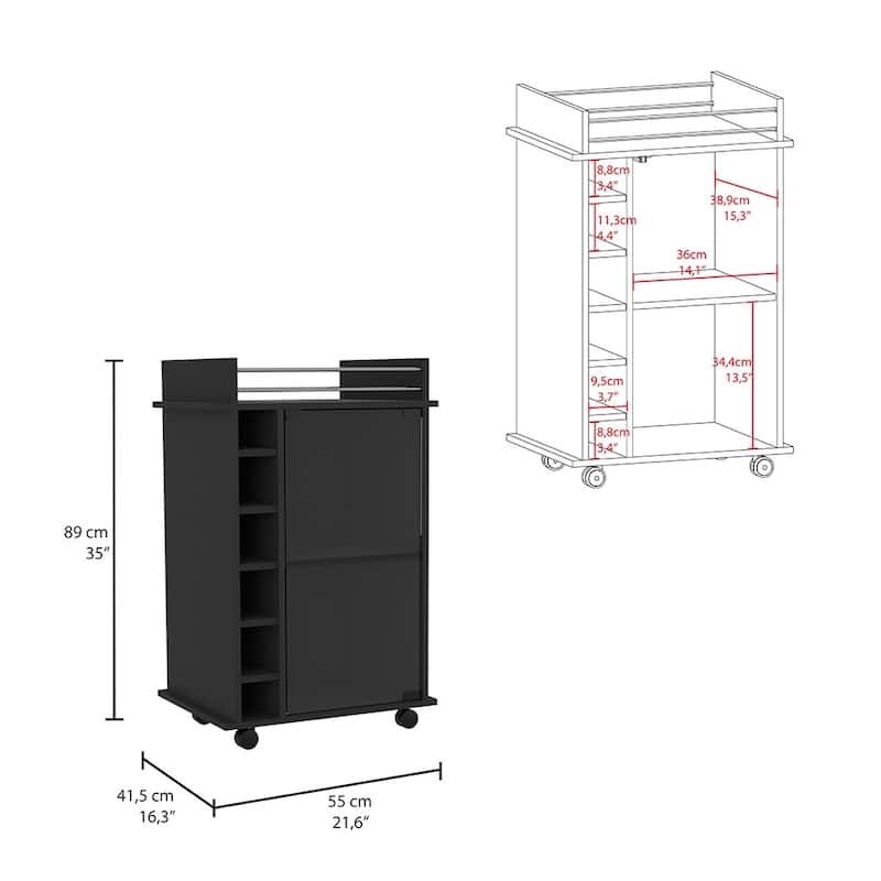 Sleek Bar Cart with Glass Door, Six Wine Cubbies, Locking Casters, Top Shelf - Carbon Espresso