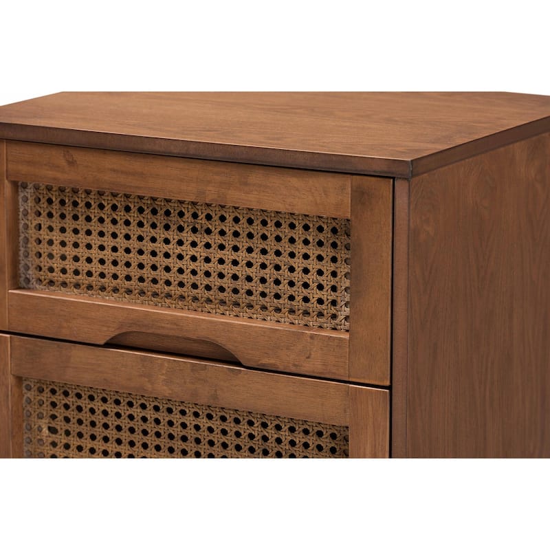 Nura Mid-Century Modern Walnut Brown Finished Wood and Rattan 3-Piece/4-Piece/5-Piece Bedroom Set (Multiple Bed Sizes)