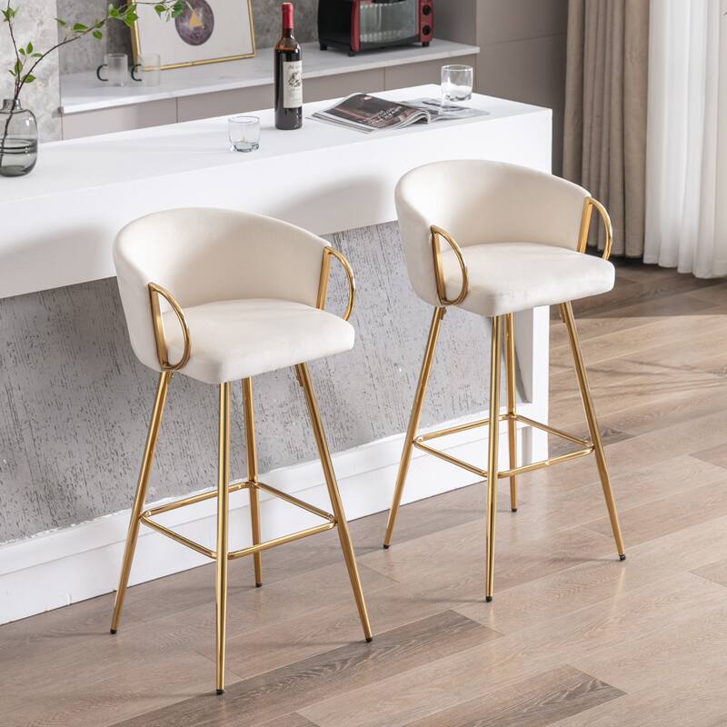 30 Inch Set of 2 Bar Stools,with Chrome Footrest and Base Velvet + Golden Leg Simple Bar Stool