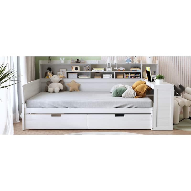 Antique White Full Size Wooden Daybed with Storage Shelves, Drawers & Study Desk