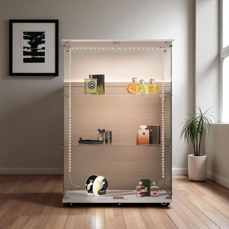 49.7" Tempered Glass Display Cabinet with Door Lock, Bluetooth LED Light Strip, Wine & Storage Cabinet with Casters