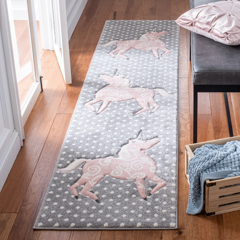 SAFAVIEH, Carousel Kids Mareke Unicorn Rug - 2' x 8' Runner - Grey/Ivory/Pink