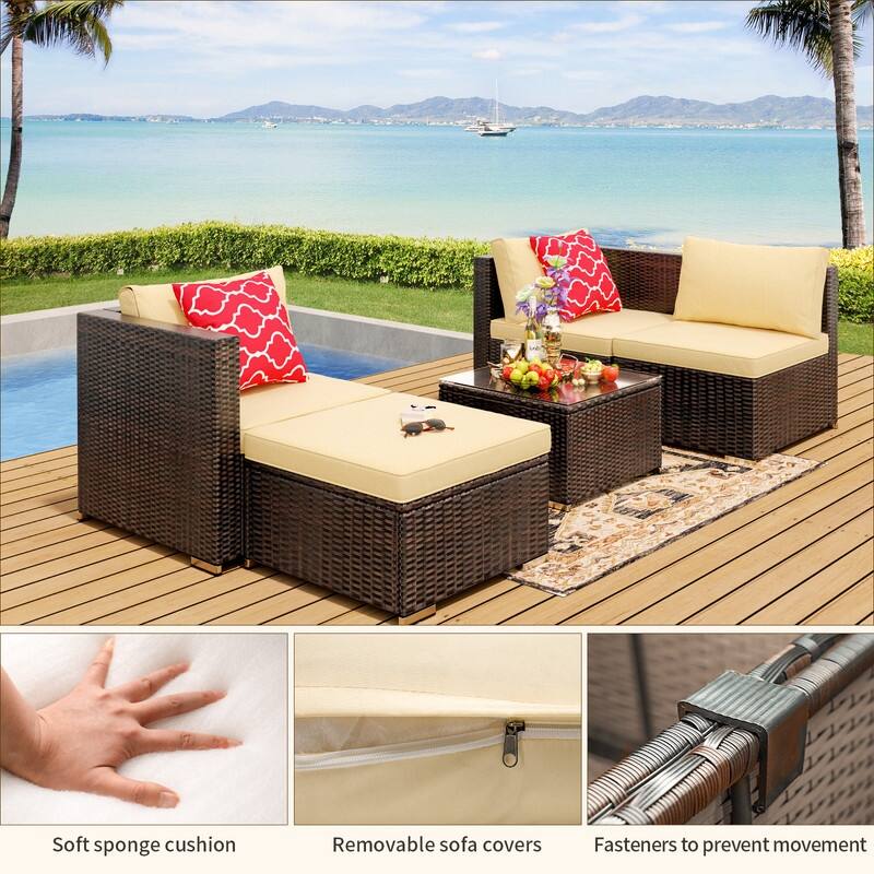 5-Pieces Outdoor Sectional Set, Patio Conversation Set, Rattan Sectional Sofa Set with Coffee Table