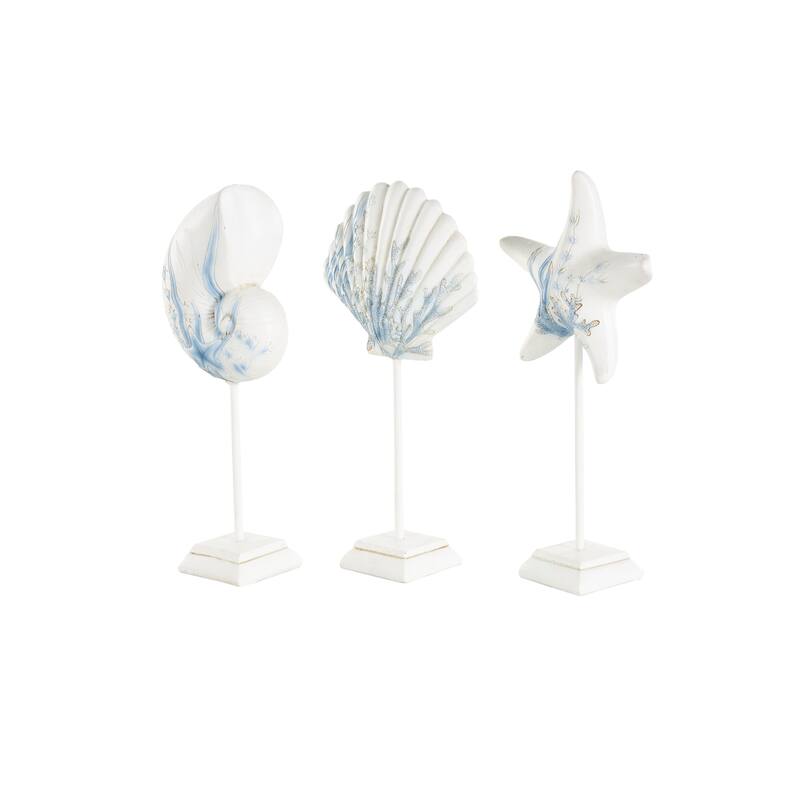 White Polystone Shell and Starfish Sea Life Decorative Sculpture with Blue Coral Patterns (Set of 3)