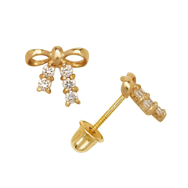 Curata 14k Gold Round Cubic Zirconia Small Bow Ribbon Screw-back Earrings - Orange - Yellow